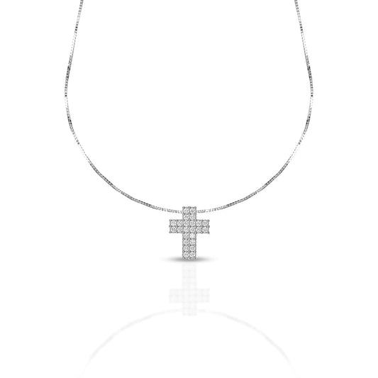 Collana Dana Petit Oro Bianco 9 Kt con Pendente Croce Mattoncino Con Zirconi
