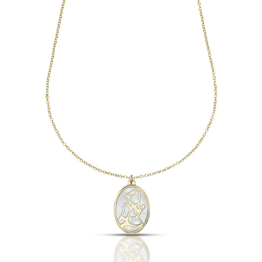 Collana Dana Custos Animae Oro Giallo 9 Kt Pendente Ovale Madreperla Angelo in Preghiera