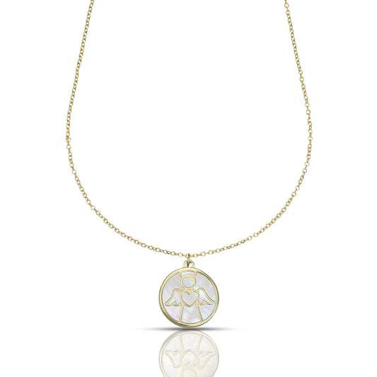 Collana Dana Custos Animae Oro Giallo 9 Kt Pendente Ovale Madreperla Angelo E Cuore