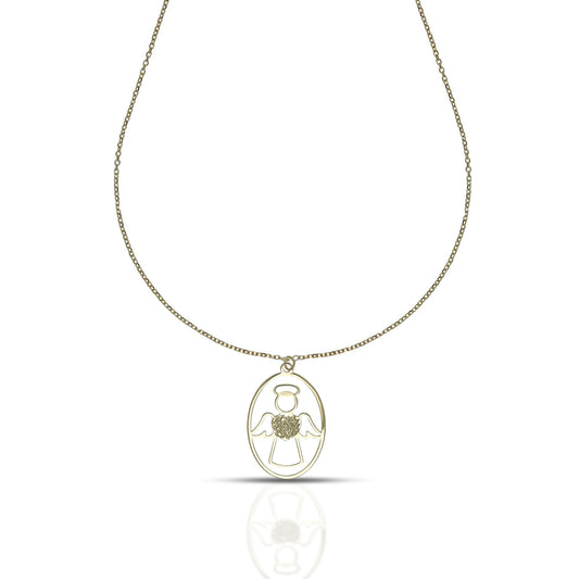 Collana Dana Custos Animae Oro Giallo 9 Kt Pendente Ovale Angelo Cuore Diamantato