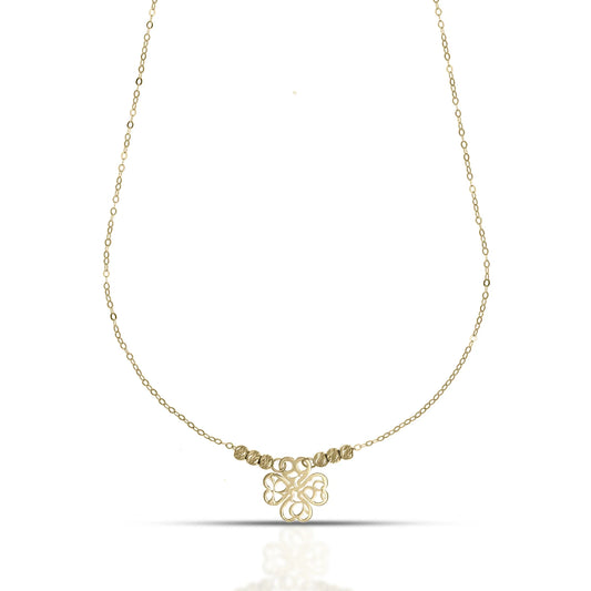 Collana Dana Wishes Oro Giallo 9 Kt Con Centrale Quadrifoglio Traforato E Sferette Sfaccettate