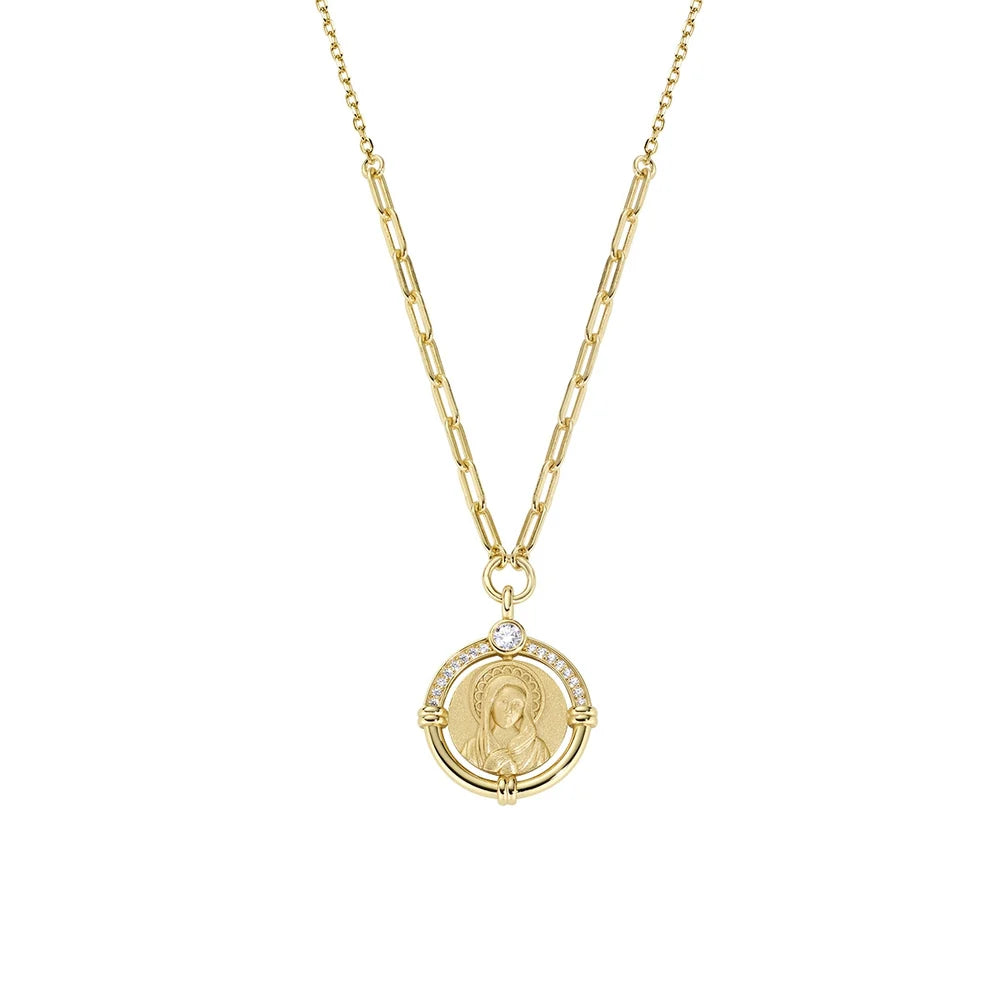 Collana Amen Sacri Argento Dorato Medaglia Tonda Madonna Regina Del Cielo e Zirconi