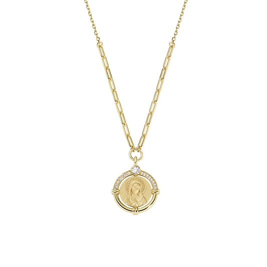 Collana Amen Sacri Argento Dorato Medaglia Tonda Madonna Regina Del Cielo e Zirconi