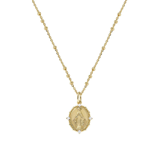 Collana Amen Sacri Argento Dorato Medaglia Ovale Madonna Miracolosa e Zirconi