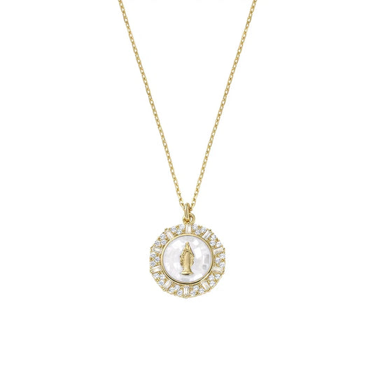 Collana Amen Miracolosa Argento Dorato Pendente Medaglietta Tonda Madreperla Bianca e Zirconi