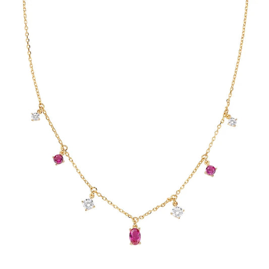 Collana Amen Argento Dorato Pendenti Zirconi Bianchi/Rossi