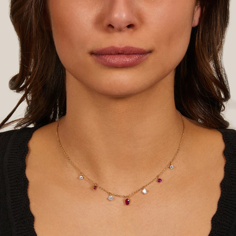 Collana Amen Argento Dorato Pendenti Zirconi Bianchi/Rossi