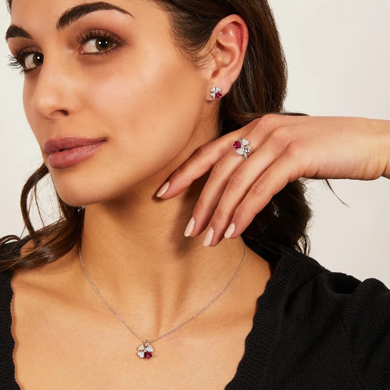 Orecchini Lobo Amen Quadricuore Argento Zirconi Bianco/Rosso