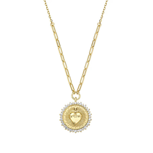 Collana Amen Sacri Argento Dorato Con Medaglia Tonda Sacro Cuore Ex Voto Luminoso E Zirconi