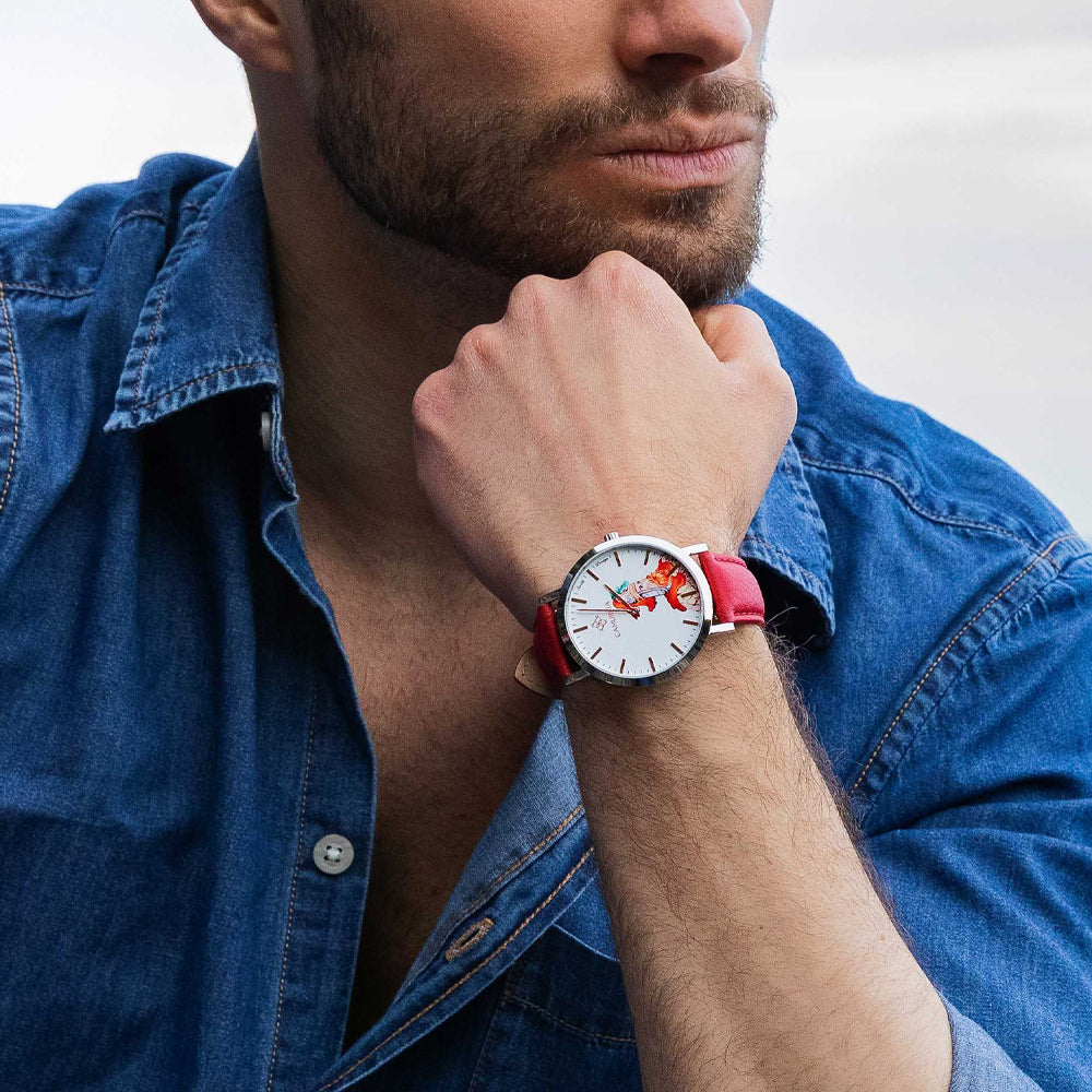Orologio Uomo Camurrìa Carlo Magno 40 mm Acciaio Pelle Rossa Cinturino Stampato