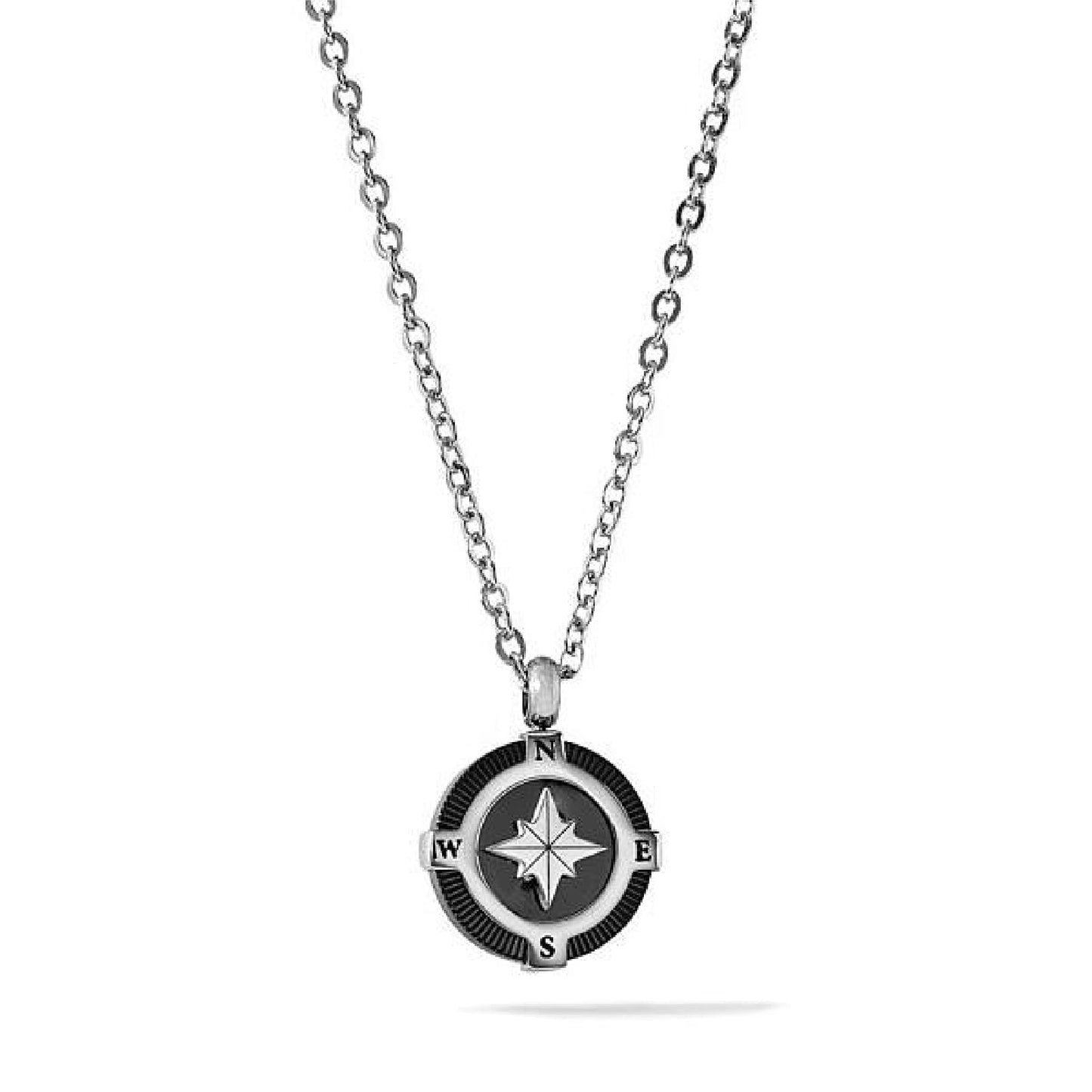 Collana Comete Navy Acciaio Pendente Tondo Pvd Nero Rosa Dei Venti