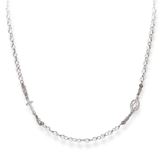 Collana Amen I Rosari Argento e Perle Con Croce Medaglia