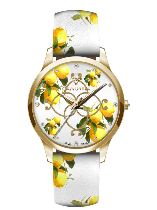 Orologio Camurria I Lumia Lady 37 mm Pvd Oro Cinturino Stampe Siciliane Limoni