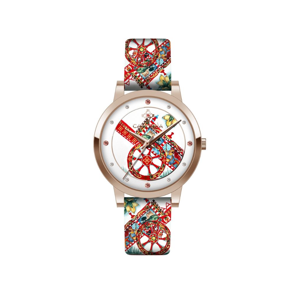 Orologio Camurria U Carrettu 32 mm Pvd Oro Rosa Cinturino Stampe Siciliane Carretto
