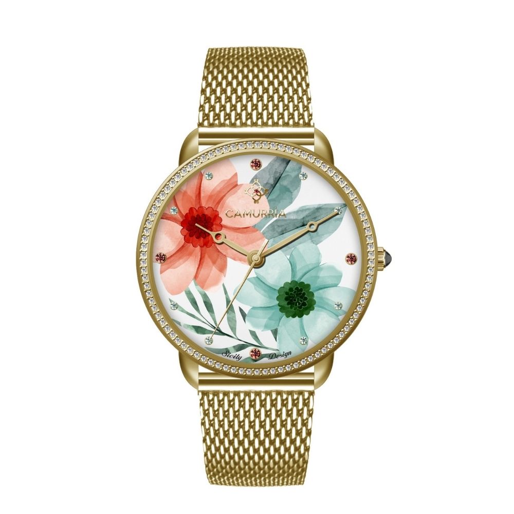 Orologio Camurrìa Ciuri D'Amuri 36 mm Pvd Oro Braccialato Maglia Milanese