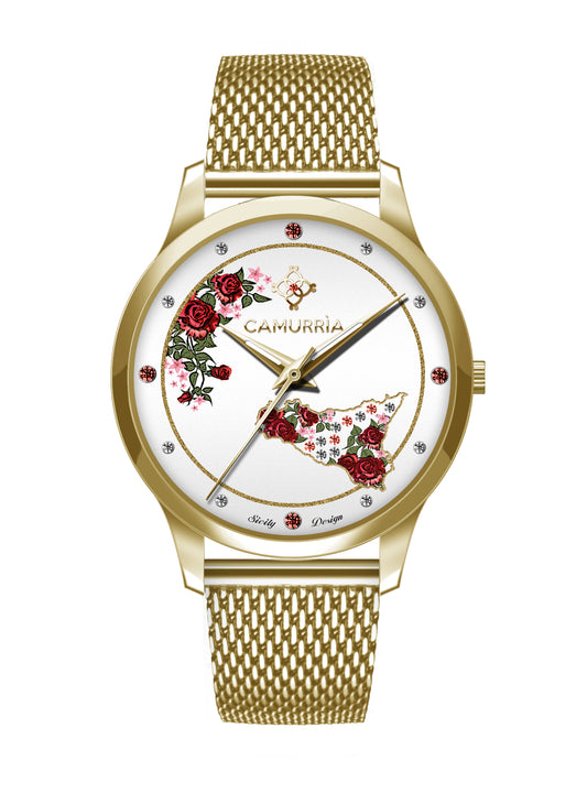 Orologio Camurria Rose Di Sicilia 37 mm Pvd Oro Braccialato Maglia Milanese