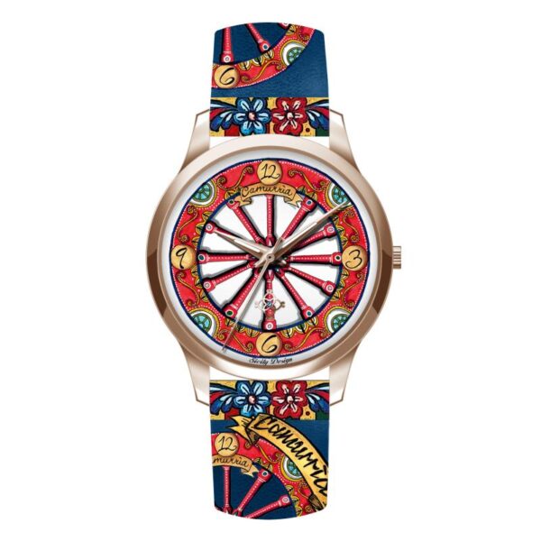 Orologio Camurria A Rota 37 mm Pvd Oro Rosa Cinturino Stampe Siciliane Ruota Carretto