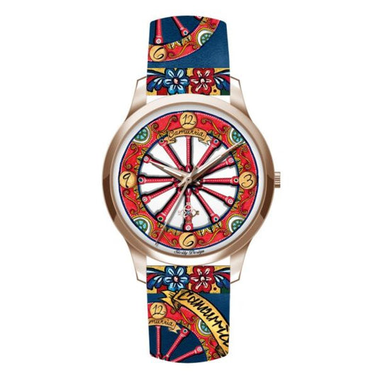 Orologio Camurria A Rota 37 mm Pvd Oro Rosa Cinturino Stampe Siciliane Ruota Carretto