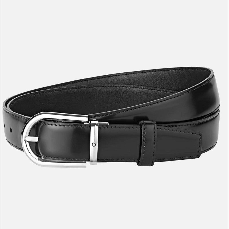 Cinture Montblanc Belt-Horseshoe Shiny Palladium Cintura Pelle Nera Fibbia Palladio