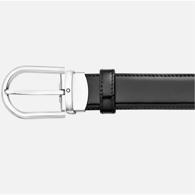 Cinture Montblanc Belt-Horseshoe Shiny Palladium Cintura Pelle Nera Fibbia Palladio