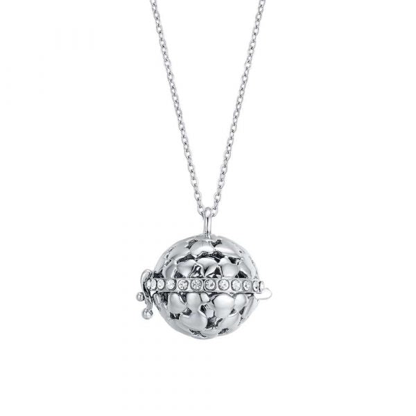 Collana Chiama Angeli Luca Barra Acciaio Pendente Sfera Traforata Cuori e Giro Di Cristalli