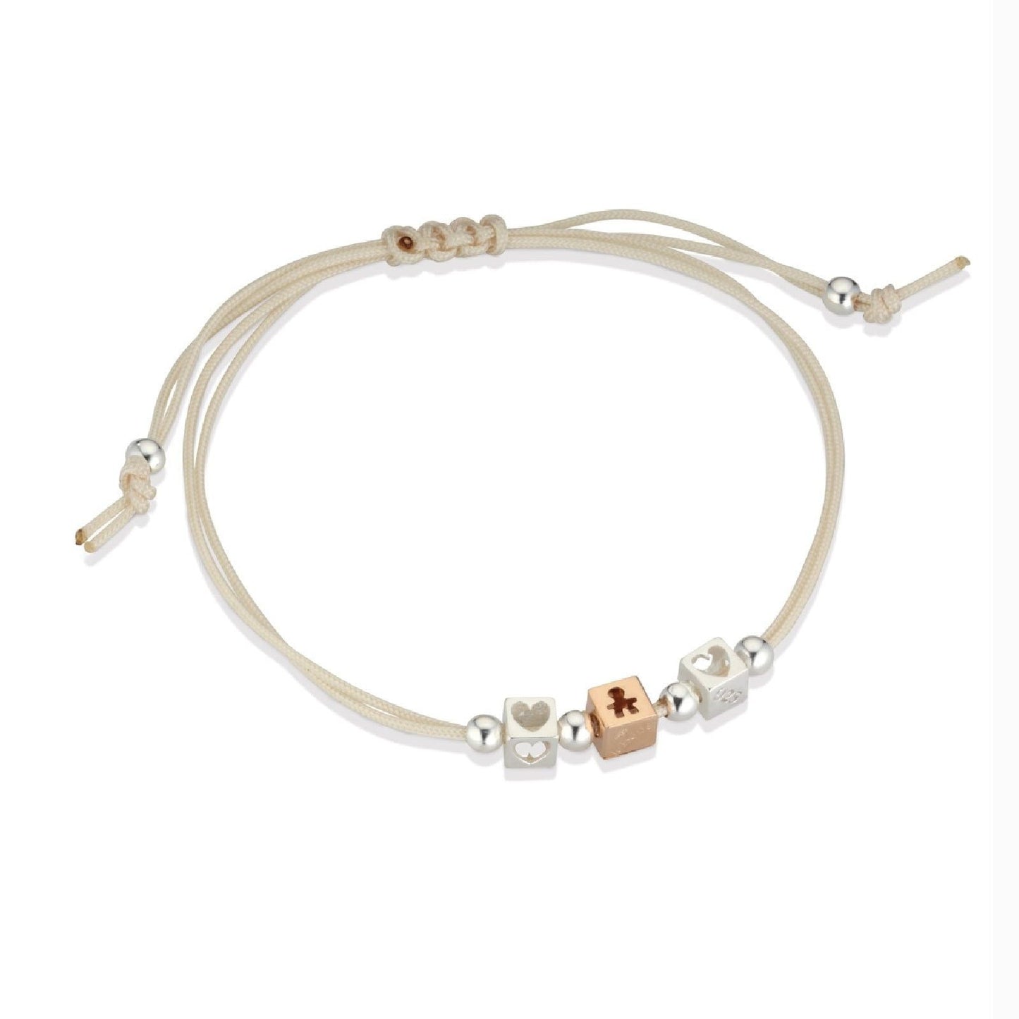 Bracciale Lebebé I Dadini Cordino Beige 2 Cubi Cuore Argento 1 Cubo Bimbo Oro Rosa