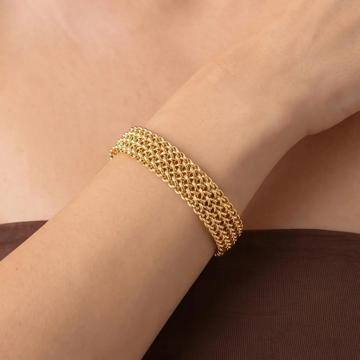 Bracciale Etrusca Gioielli Lega Golden Placcata Oro Maglia Effetto Tessuto Intrecciato