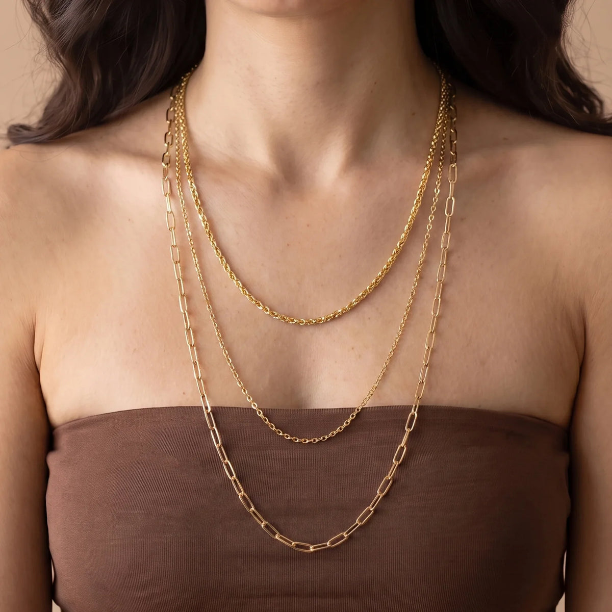 Collana Multifilo Graduata Etrusca Gioielli Lega Golden Placcata Oro Catena Cristallina, Forzatina E Maglie Allungate