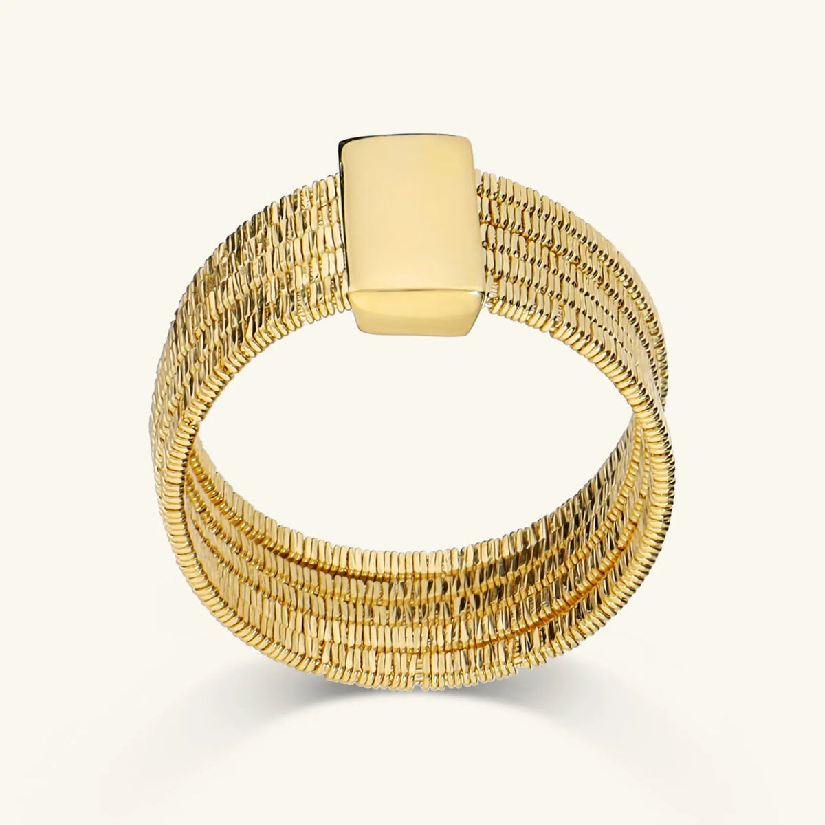 Anello a Fascia Multifilo Etrusca Gioielli Lega Golden Placcata Oro Finitura Diamantata Con Elemento Rettangolare Centrale - Misura 14