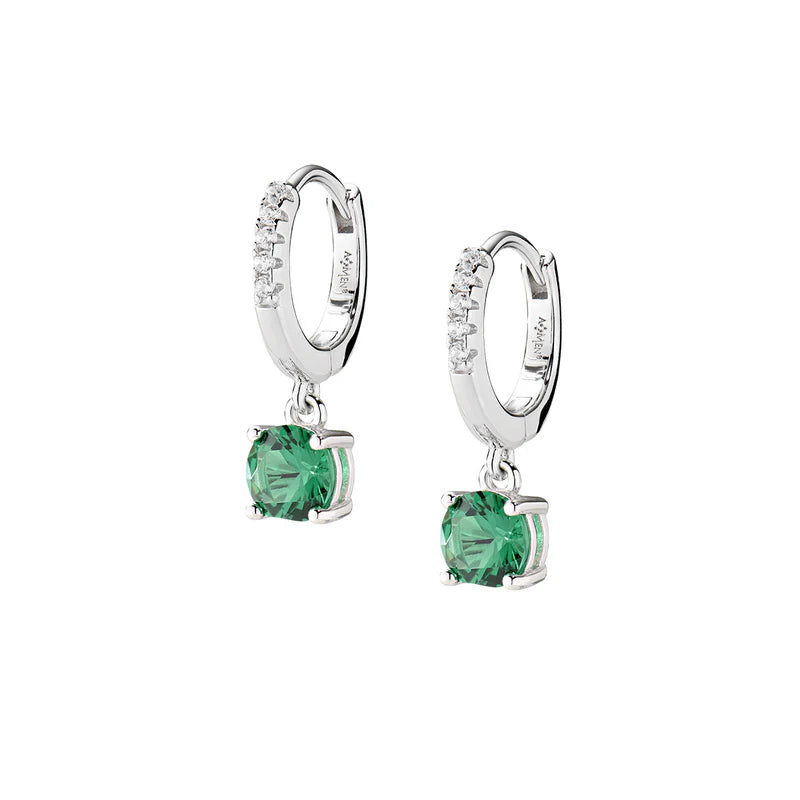 Orecchini Pendenti Amen Huggies Argento Zirconi Punto Luce Verde