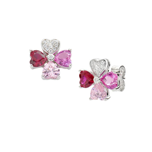 Orecchini Lobo Amen Quadricuore Argento Quadrifoglio Zirconi Rubino/Rosa/Fucsia/Bianco
