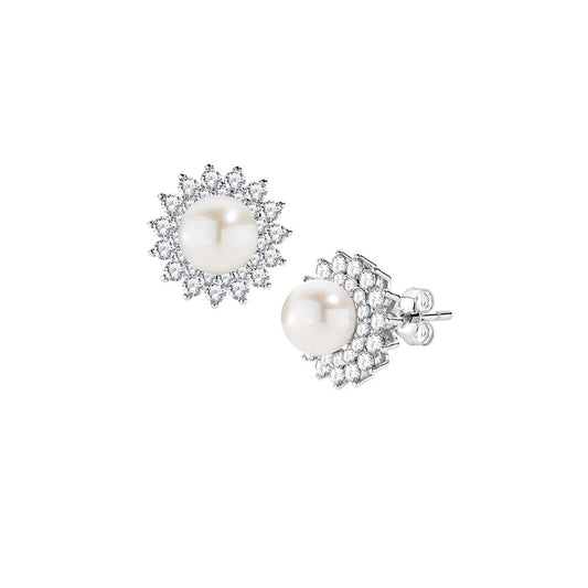 Orecchini Amen Perle Argento Fiore Perla Centrale e Doppio Giro Di Zirconi