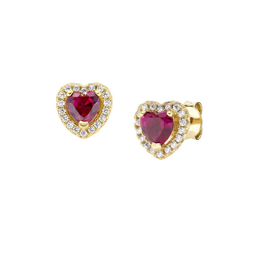 Orecchini Lobo Amen Dolce Cuore Argento Dorato Cuore Zircone Rosso Rubino Contornato