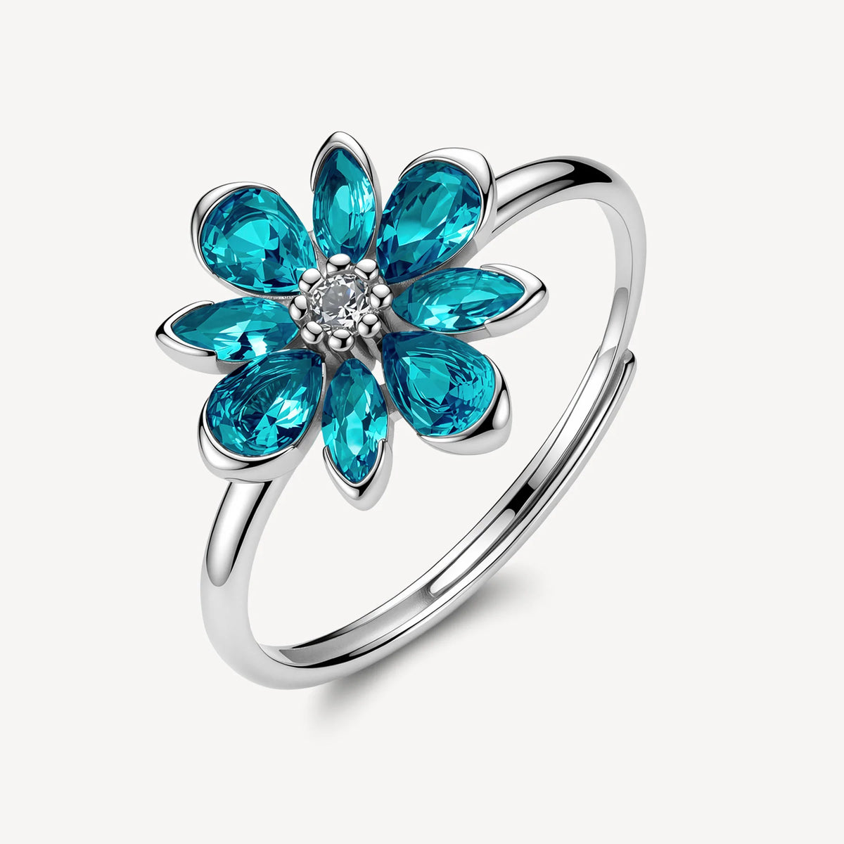 Anello Regolabile Brosway Fancy Aqua Green Argento Fiore Grande Con Cubic Zirconia Verde Acqua E Centrale Bianco - Misura 12/18