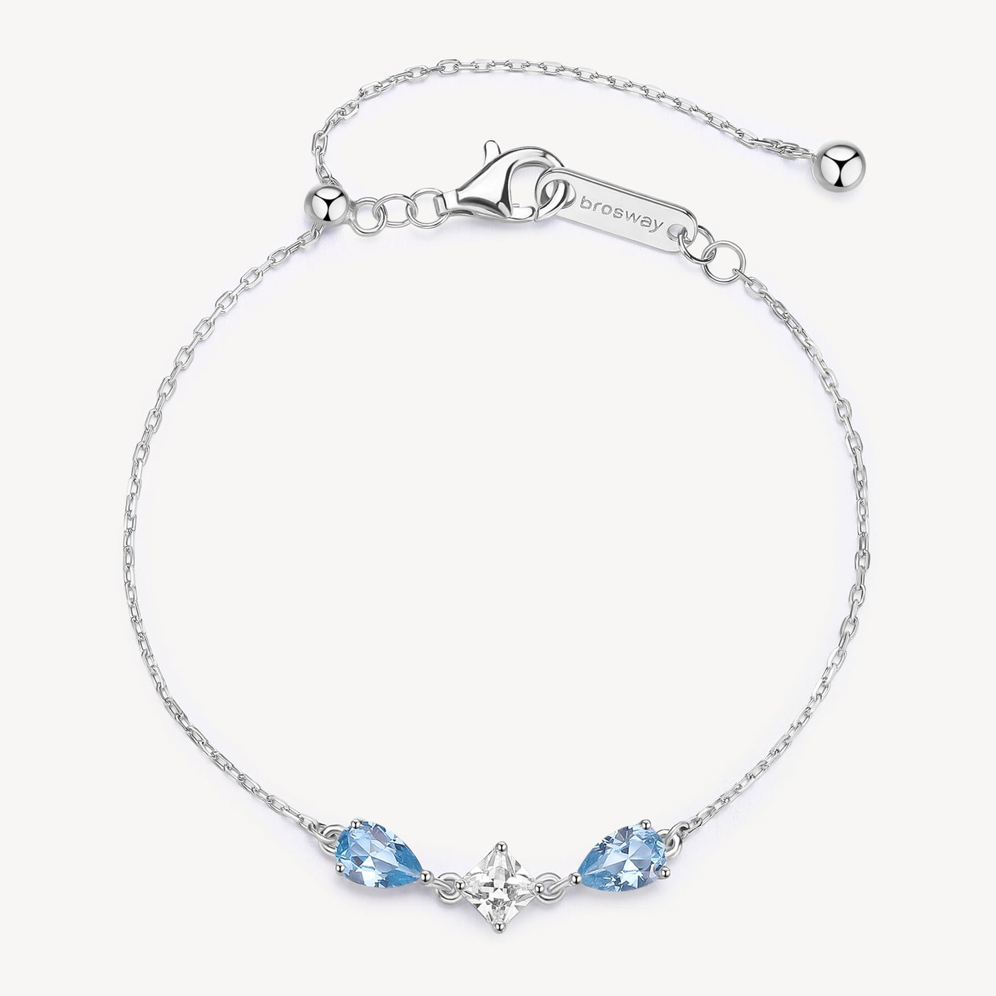 Bracciale Brosway Fancy In Argento Maglia Catena Con Centrale Square Cubic Zirconia 2 Zirconia A Goccia Azzurri Ai Lati
