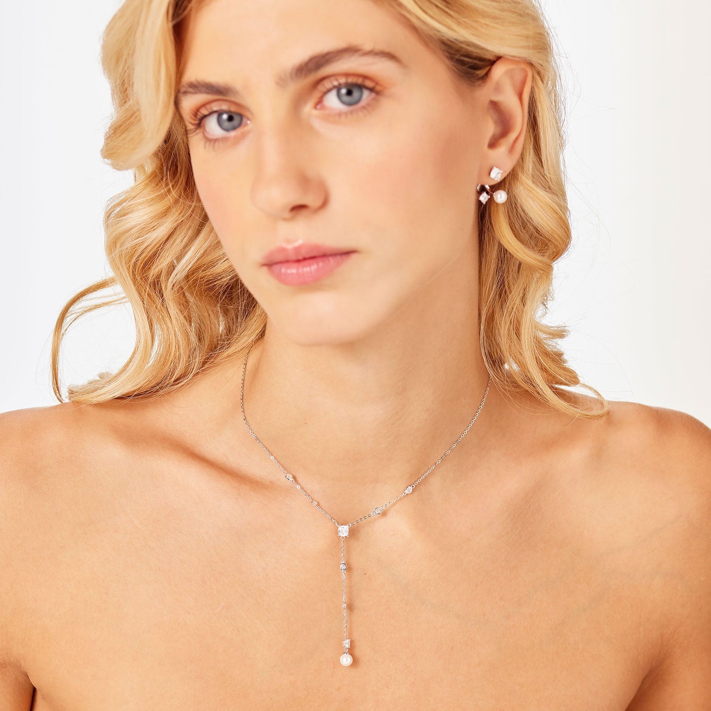 Collana Pendente Lungo Brosway Fancy Argento Cubic Zirconia Quadrati e Perla