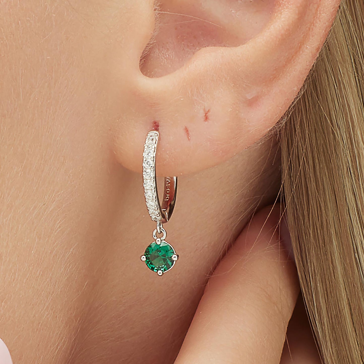 Monorecchino Boccola Brosway Life Green Argento Zirconi Pendente Verde