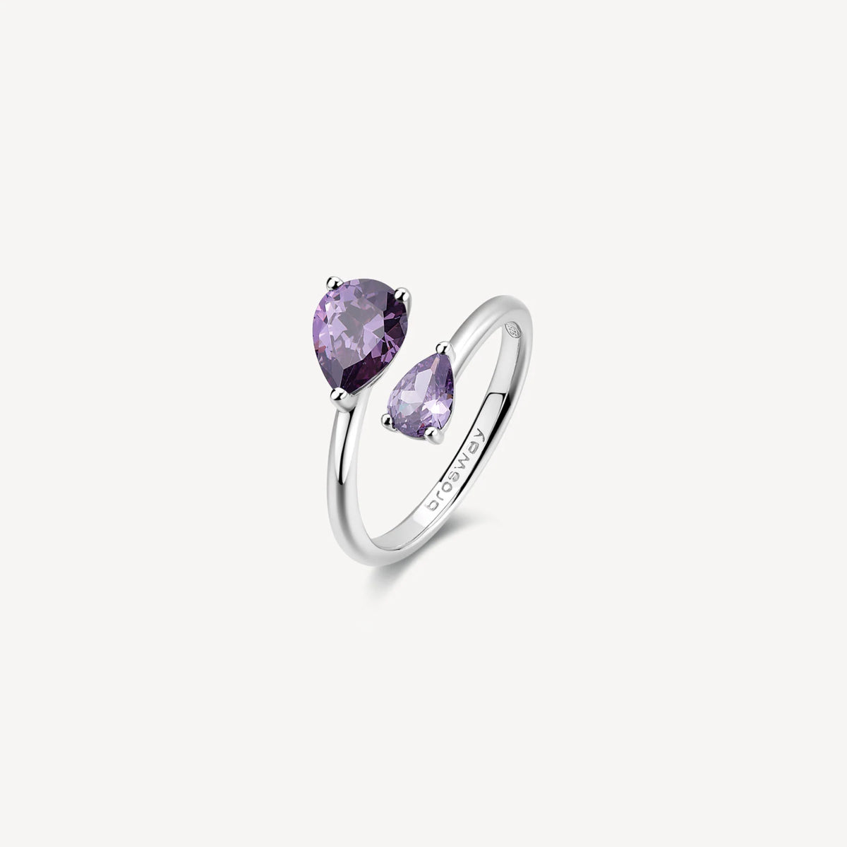 Anello Brosway Fancy Aperto Argento Con 2 Cubic Zirconia A Goccia Viola Grande/Piccolo - Misura 12