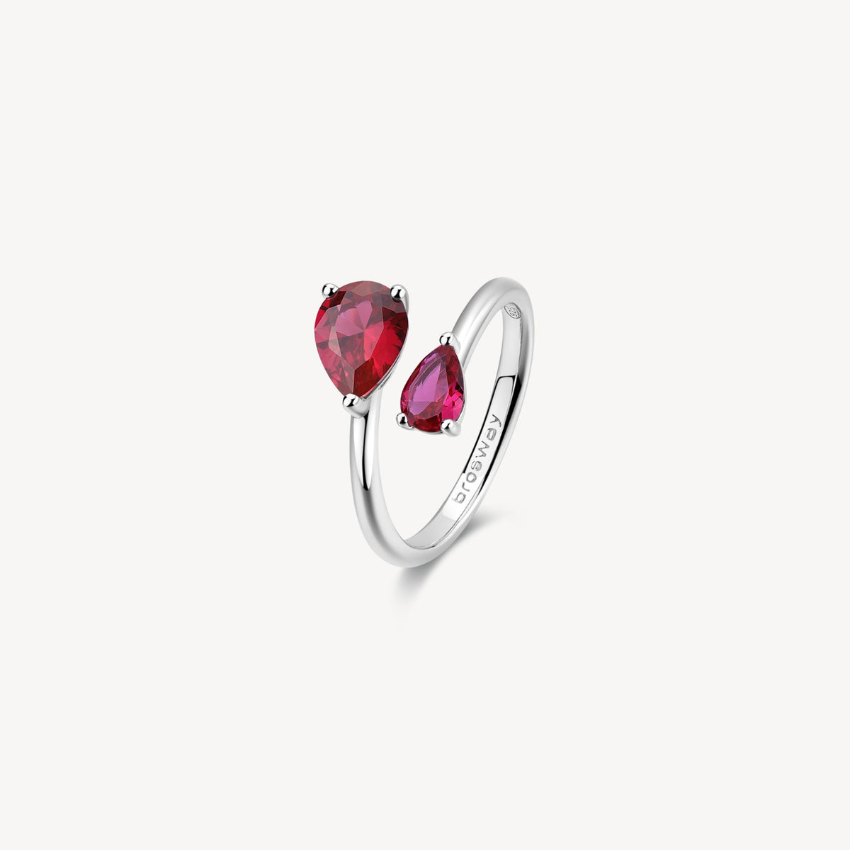 Anello Brosway Fancy Aperto Argento 2 Cubic Zirconia Goccia Rossi Grande/Piccolo - Misura 14