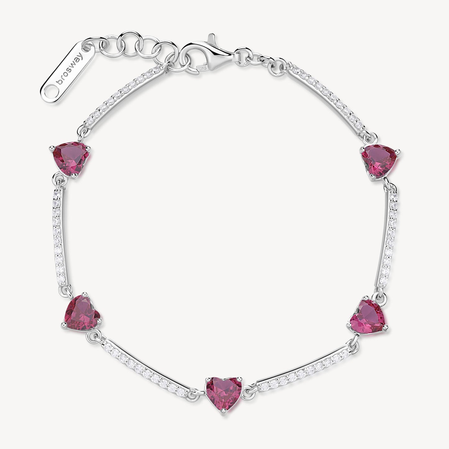 Bracciale Semirigido Brosway Fancy Argento Cubic Zirconia Alternati a Cuori Ruby