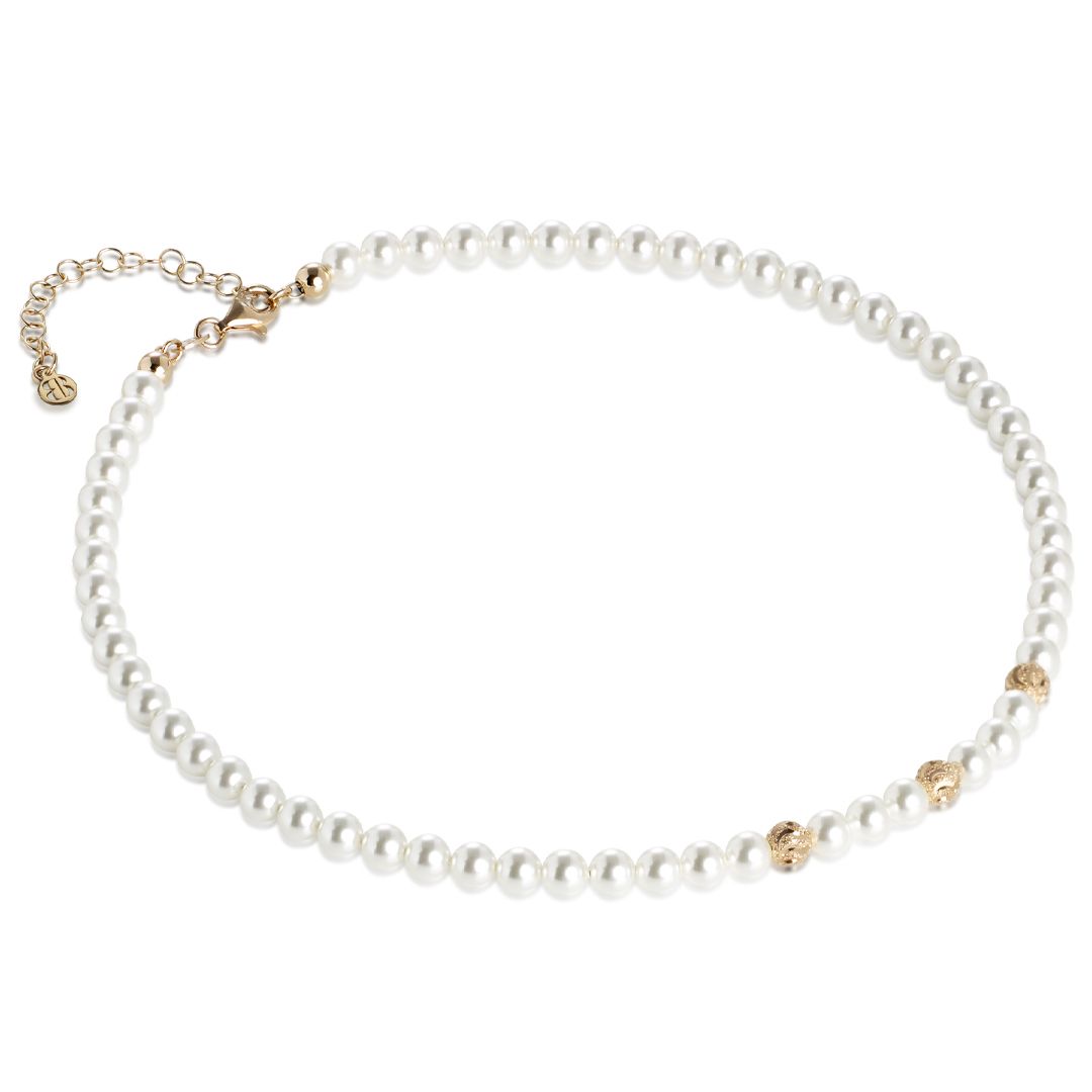 Collana Boccadamo Perle Argento Dorato e 3 Sfere Lavorazione Diamantata