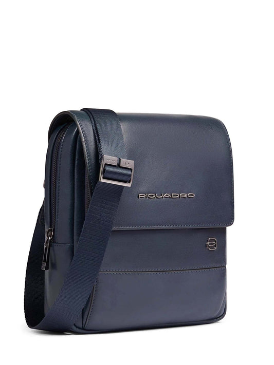 Borsello Uomo Piquadro Porta Ipad Doppio Scomparto Patta Frontale Pelle Blu