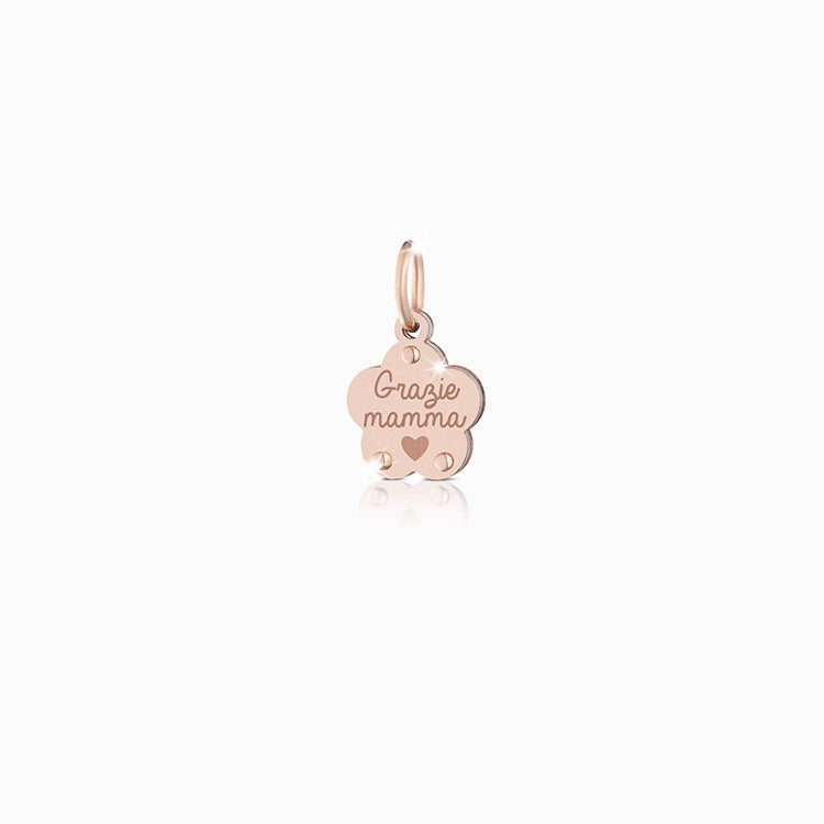 Ciondolo Lebebé Lockyourlove Fiore Oro Rosa 9 Kt e Argento Frase Grazie Mamma Cordino Fucsia