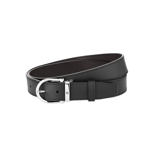 Cinture Montblanc Belt-Horseshoe Shiny Cintura Reversibile Pelle Nera / Marrone Fibbia Ovale