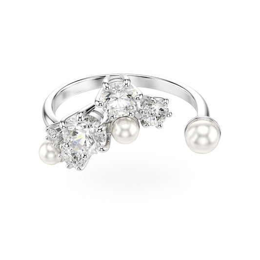 Anello aperto Swarovski Constella Crystal Pearl, tagli Round, Bianco, Placcato rodio