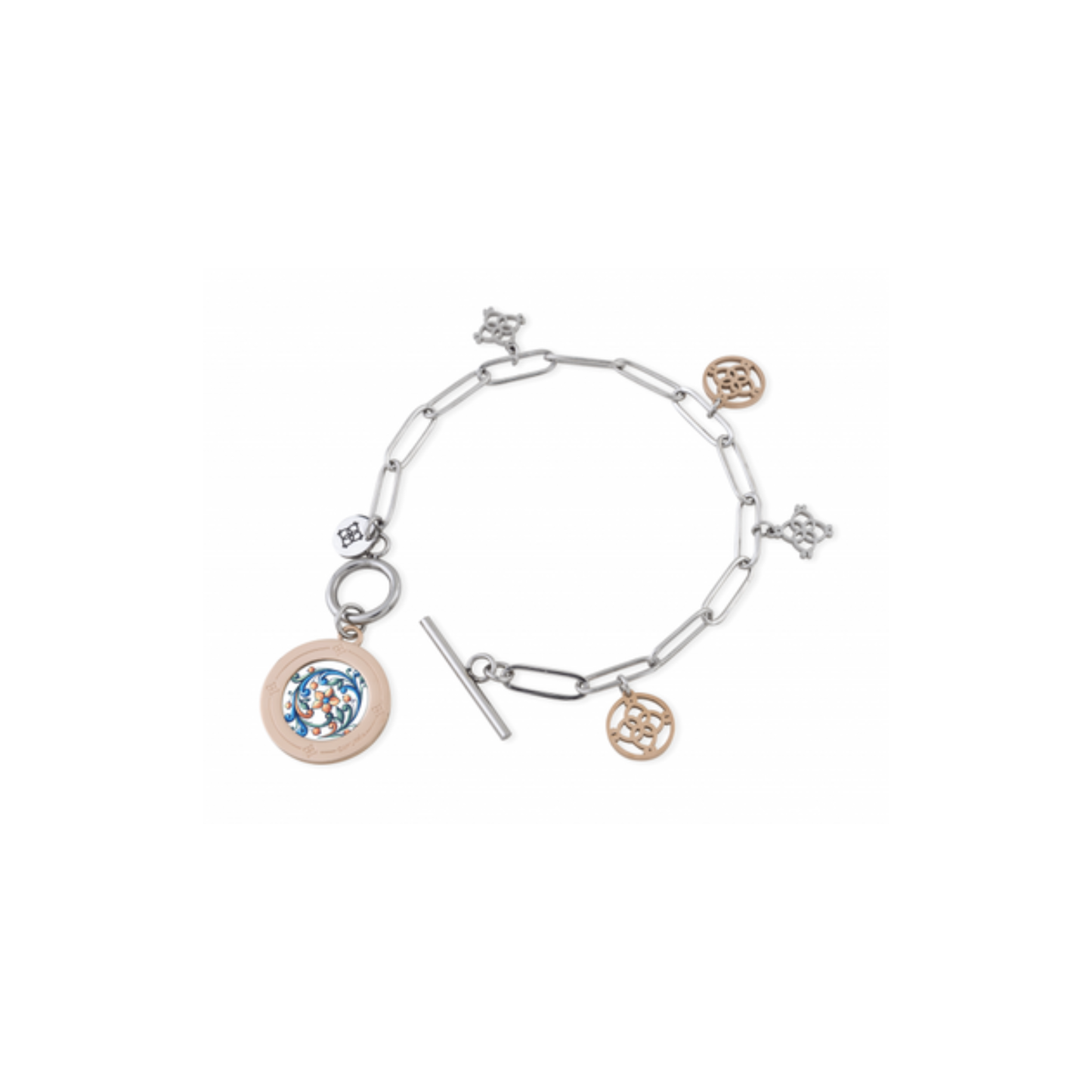 Bracciale Camurrìa A Maiolica Catena In Acciaio Con Charms Acciaio E Pvd Oro Rosa Stampa Maiolica