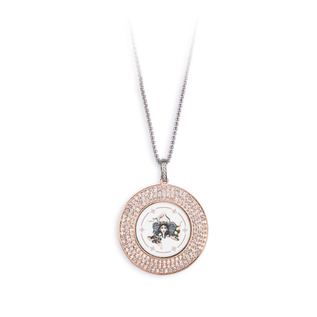 Collana Camurrìa A Tradizione A Trinacria Acciao Ciondolo Medaglia Stampa Siciliana e Strass