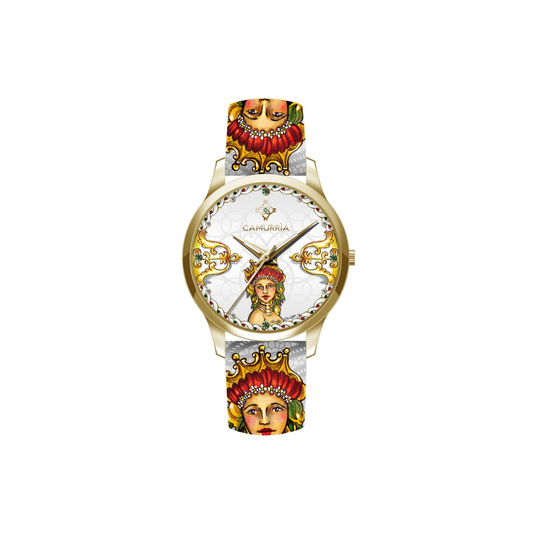 Orologio Camurrìa A Bedda 37 mm Pvd Oro Pelle Stampa Donna Con Corona