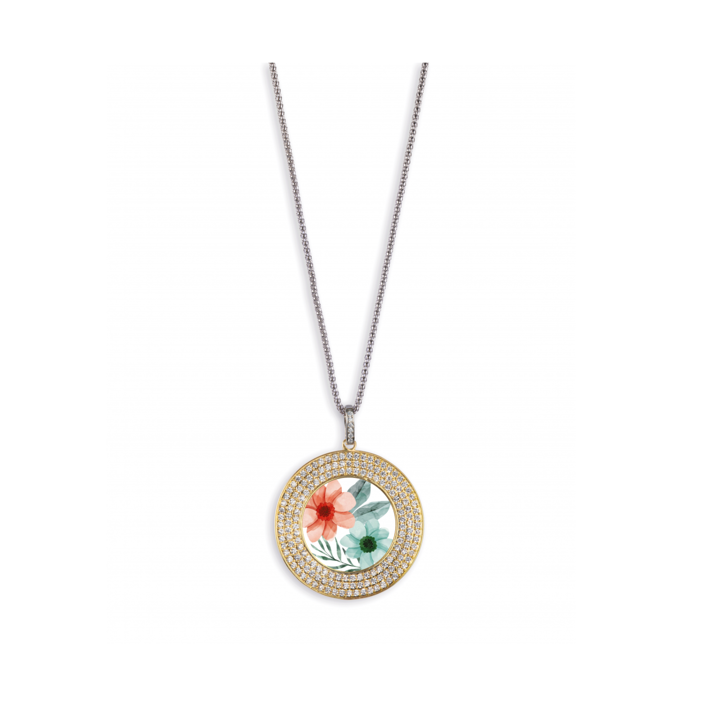 Collana Camurrìa Ciuri D'amur In Acciaio Con Ciondolo Medaglia In Pvd Oro Stampa Siciliana e Strass