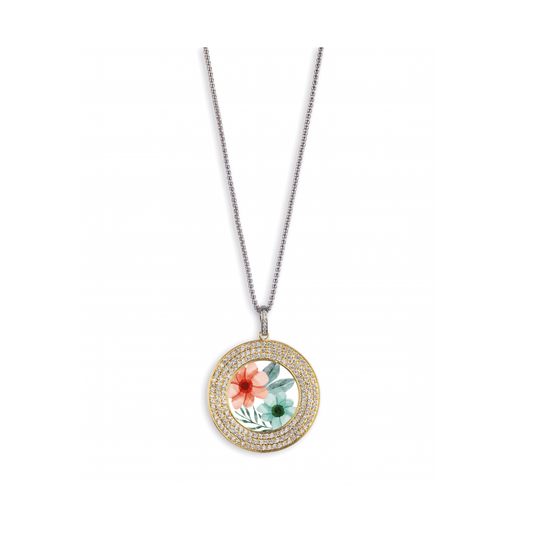 Collana Camurrìa Ciuri D'amur In Acciaio Con Ciondolo Medaglia In Pvd Oro Stampa Siciliana e Strass